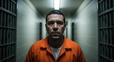 Serious male inmate in orange jumpsuit standing in a dimly lit prison hallway photo