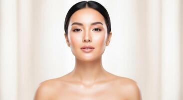 A close up studio portrait of a young asian woman with radiant healthy skin photo