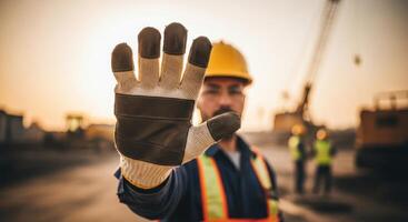Construction worker signaling stop with gloved hand at a building site during sunset photo