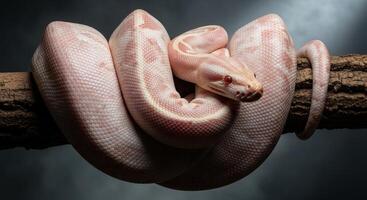 Captivating albino burmese python with pink scales coiled around a tree branch photo