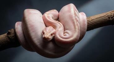 Albino burmese python with pink and white scales coiled around a tree branch photo
