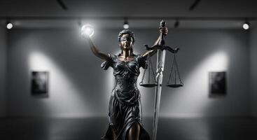 Modern stylized lady justice statue with sword, scales, and glowing orb in a dark gallery photo