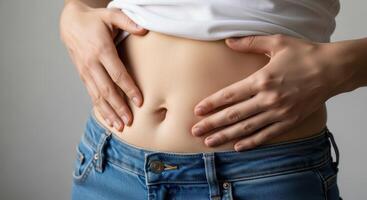 Woman hands touching her stomach, focusing on weight and body image concerns photo