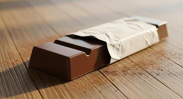 Delicious dark chocolate bar partially unwrapped on a rustic wooden table surface photo