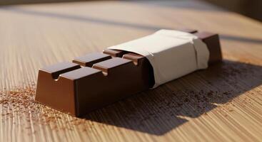 A close up professional photo of a single perfectly formed dark chocolate bar resting