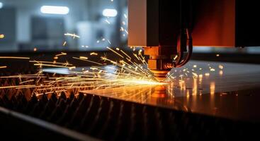 Laser cutting machine precisely cutting metal sheet with brilliant sparks in an industrial factory. photo