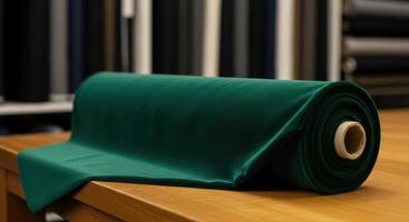 Roll of luxurious deep green velvet fabric for fashion and upholstery on a wooden table photo