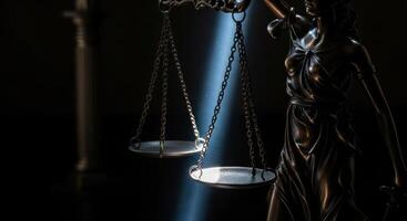 Lady justice statue scales perfectly balanced in a beam of light, symbolizing fairness photo