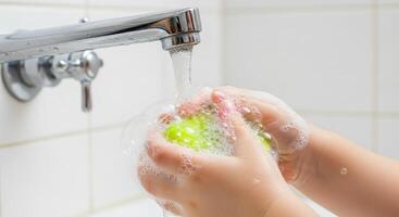 Child hands washing a green apple with soap and water under a faucet photo