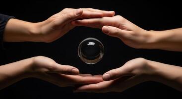 Hands surrounding a levitating clear glass sphere symbolizing future and protection photo