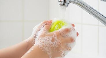 Child hands covered in soap bubbles under running water from a faucet, emphasizing hygiene. photo