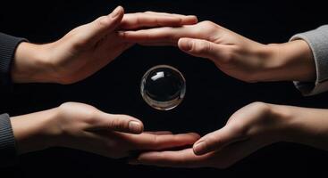 Hands surrounding a clear glass sphere floating in the air, symbolizing future and protection. photo