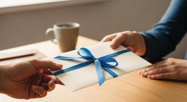 Hands exchanging a cream colored envelope tied with a blue ribbon on a wooden table. photo