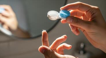 Close up of a hand holding a contact lens case and placing a contact lens photo