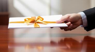 Hand presenting formal document or award certificate with golden ribbon photo