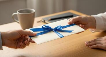 Hands exchanging a cream colored envelope with a blue ribbon on a wooden desk. photo