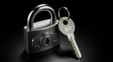 Silver metal padlock and key symbolizing security and access on a dark background photo