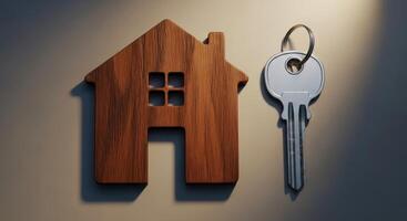 Wooden house shape and key symbolizing real estate and home ownership photo