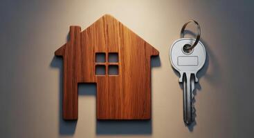 Wooden house shape and metal key symbolizing real estate, home ownership, and security. photo