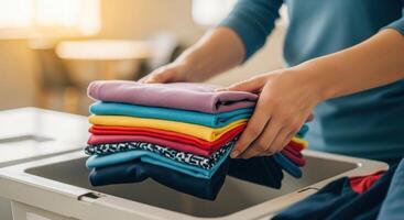 Woman folding a stack of colorful clean clothes for household organization and chores photo