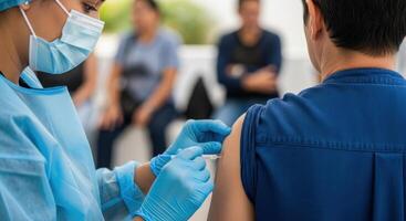 Healthcare worker administers vaccination shot to a man arm in a clinic setting photo