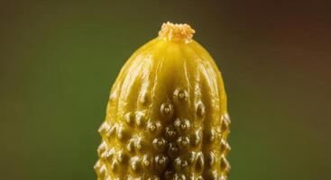 A close up macro professional photo of a single small dill pickle gherkin showing extreme detail