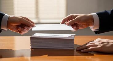 Businessman hand placing white envelope on stack of documents for business transaction photo