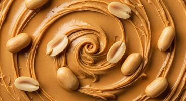Delicious creamy peanut butter swirl with whole and split peanuts, top view photo