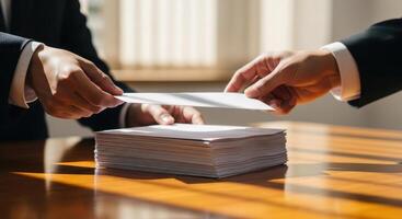 Professional hands exchanging a confidential white envelope over a stack of business documents. photo
