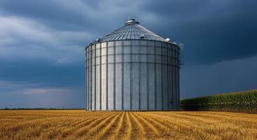 Large metal grain silo standing in a golden harvest field under a dramatic stormy sky photo