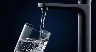 Fresh water pouring from a modern black faucet into a clear drinking glass photo