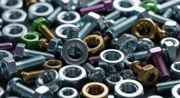 Assorted metallic nuts and bolts scattered in a pile, showcasing various sizes and colors. photo