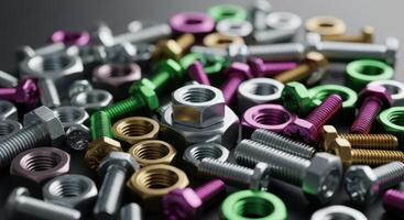 Close up of a colorful scattered pile of metallic nuts and bolts for industrial use. photo