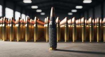 Unique textured black rifle cartridge standing out among golden bullets photo
