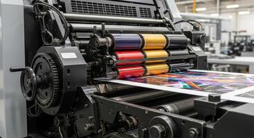 Industrial offset printing press in operation, producing colorful prints in a factory. photo