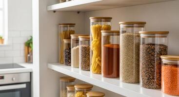 Organized modern kitchen pantry with clear glass jars of dry goods photo