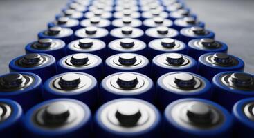 Numerous blue cylindrical batteries with silver tops arranged in parallel rows photo