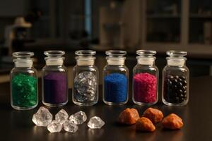 Clear glass jars with various colorful mineral and chemical samples in a laboratory setting. photo
