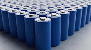 Close up view of blue cylindrical batteries arranged in parallel rows, symbolizing power and energy storage. photo