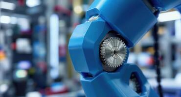 Close up of a blue robotic arm joint with a shiny silver gear in an industrial setting photo
