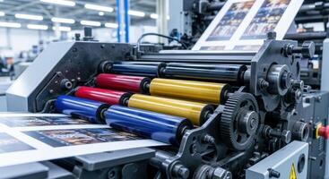 Industrial offset printing press with colorful rollers actively printing in a factory photo