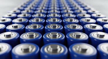 Close up of multiple rows of blue cylindrical batteries for power and technology photo