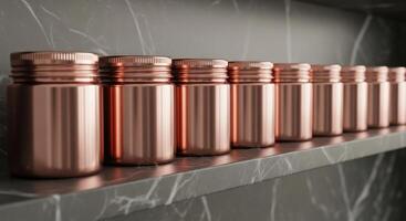 Row of rose gold metallic jars with screw tops aligned on a dark marble shelf photo