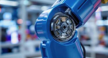 Detailed view of a blue robotic arm joint, highlighting intricate mechanical gears. photo