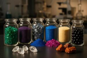 Colorful mineral samples and chemical substances in glass jars displayed in a science laboratory photo