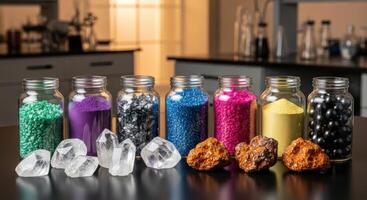 Colorful mineral samples, clear crystals, and rough rocks in a science laboratory photo