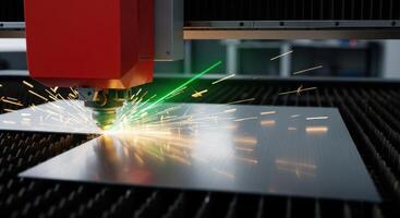 Industrial laser cutting machine processing metal with bright sparks and green light photo