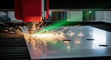 Red laser cnc cutting machine precisely cutting a metal sheet with sparks in a factory photo