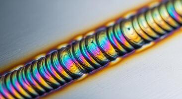 Macro view of a stainless steel tig weld bead with vibrant iridescent colors and precise ripples. photo