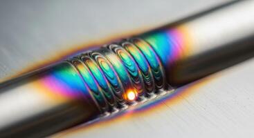 Close up of a stainless steel tig weld bead with colorful heat tint photo